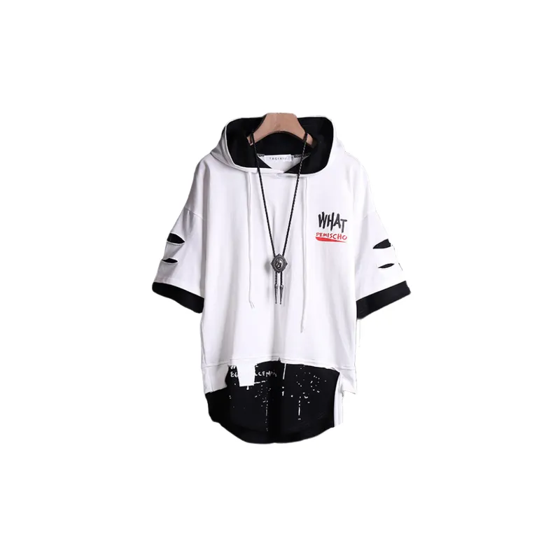 Fashion Hip Hop Short-sleeved Ribbon Hole T-shirt White L