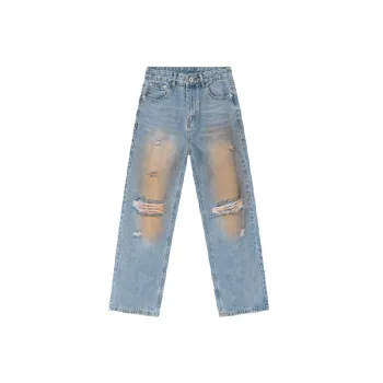 Ripped Washed Straight Leg Jeans