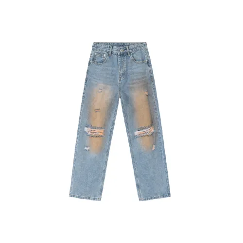 Ripped Washed Straight Leg Jeans