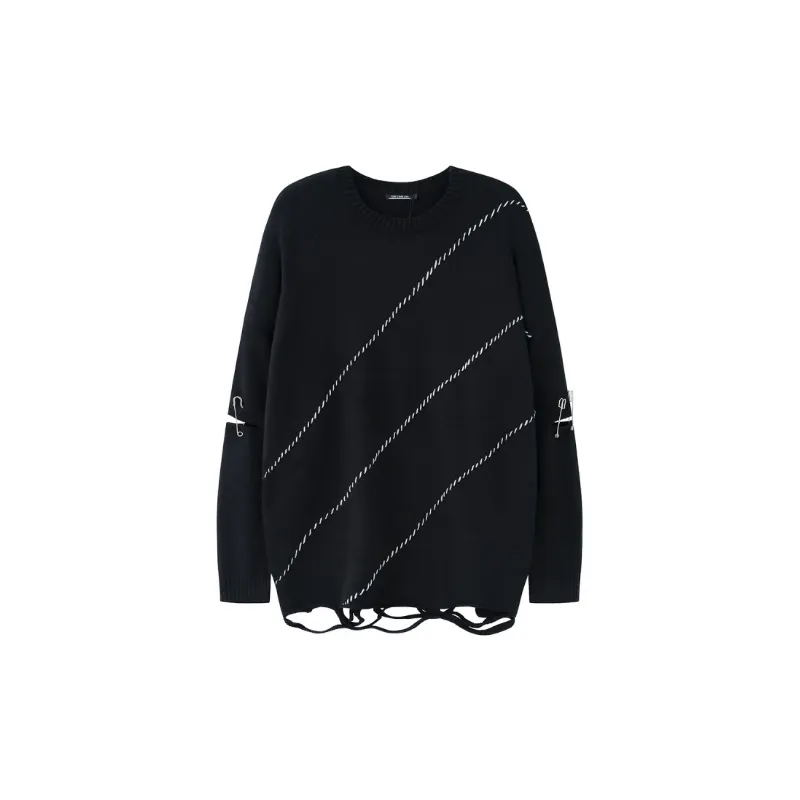 Retro High Street Irregular Hole Pin Open Line Contrast Color Loose Knit Sweater-0