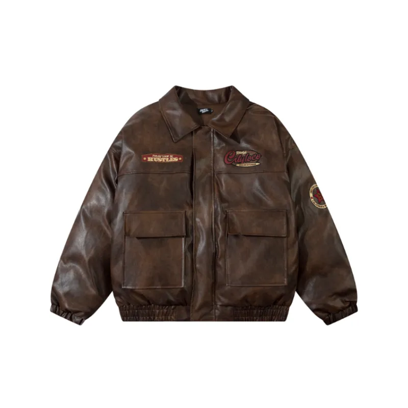 Vintage Letter Embroidered Collar Puleather Thickened Cotton padded Coat-4