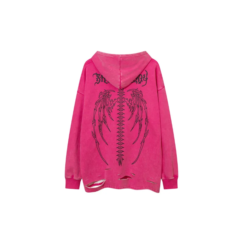 Aged Washed Hragened Skull Print Design Velvet Hoodie-1