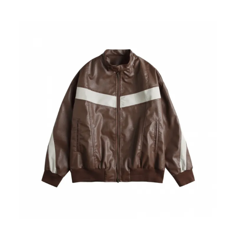 Retro Color Matching Collar Leather Casual Motorcycle Jacket