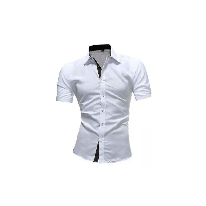 Casual Contrast Color Short Sleeved Cotton Blended Fabric Shirt-0