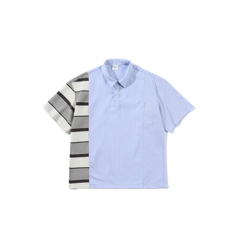 Tide Design Splicing Striped Short Sleeved Shirt-0
