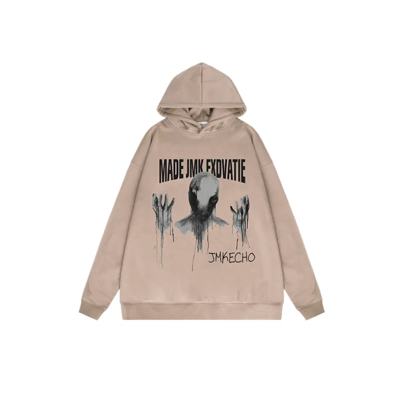 Retro Dark Ghost Print Fleece High Street Loose Hoodie-2