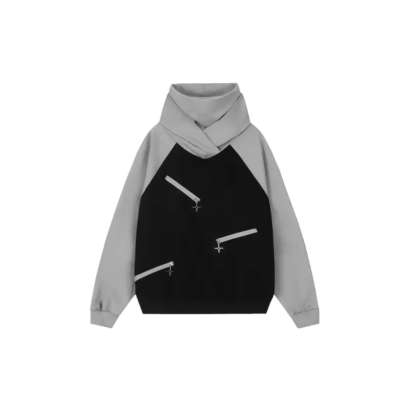 Stitching Color Raglan Sleeve High Collar Hooded Sweater-0
