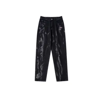 Dark Washed Old Loose Straight Leg Tie Dye Gradient Denim Pants