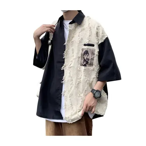 High Street Niche Stitching Short Sleeve Loose Casual Shirt