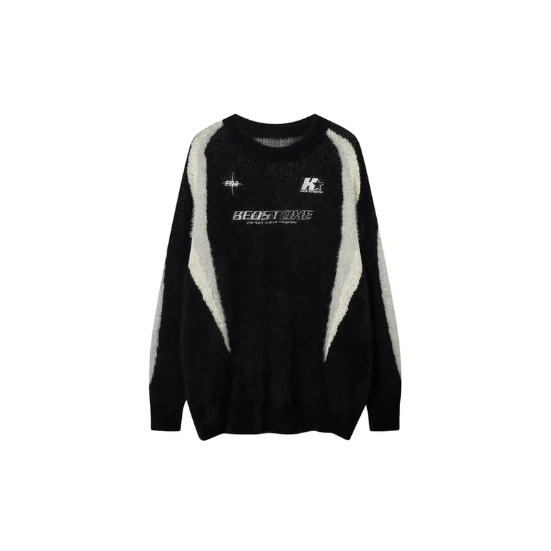 Hip Hop Stitching Contrast Color Crewneck Sweater-0