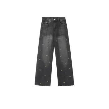 Washed & Distressed Denim Straight Leg Trousers