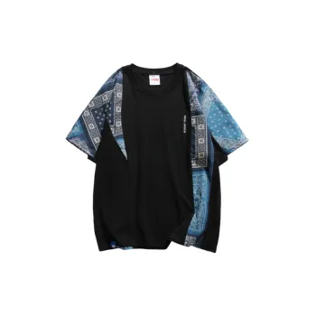 Fashion Retro Ethnic Style Cashew Flower Stitching Round Neck Short Sleeve T Shirt