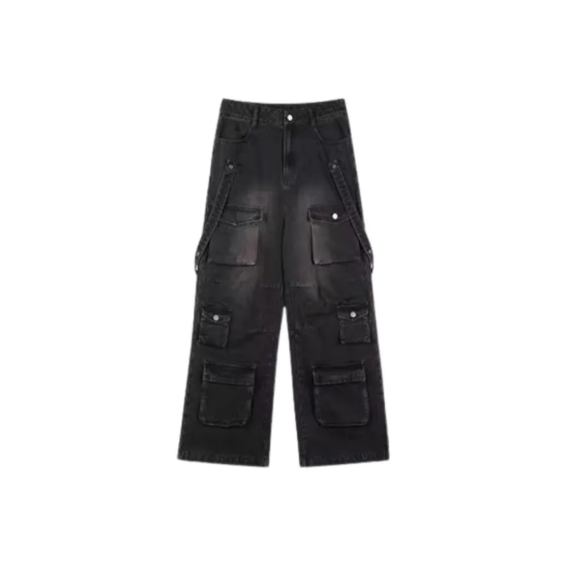 Multi Pocket Retro Loose Wide Leg Jeans