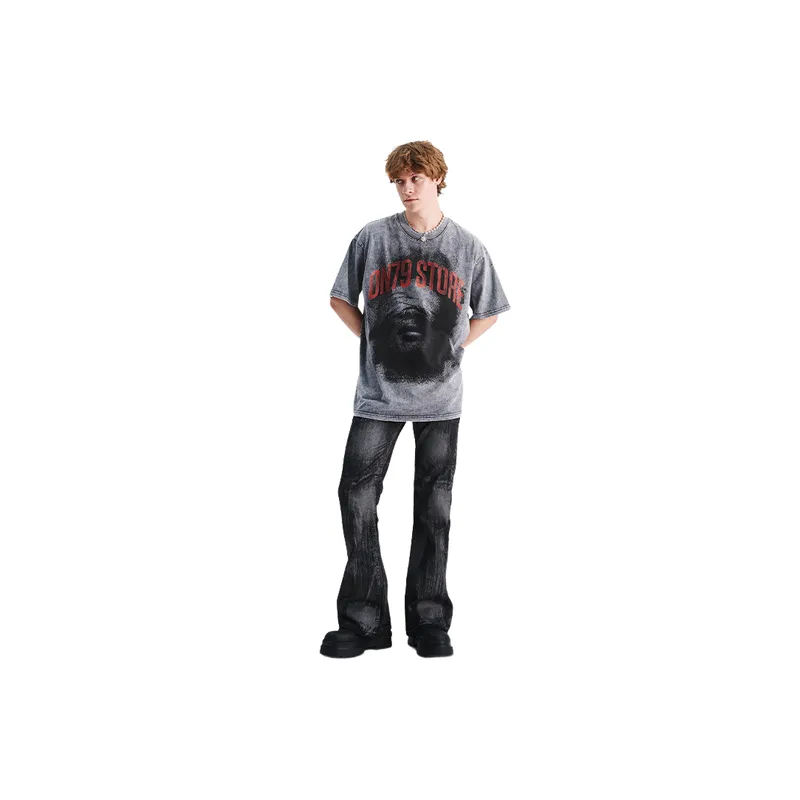 Retro Direct Injection Head Printing Shoulder Loosen T Shirt-4