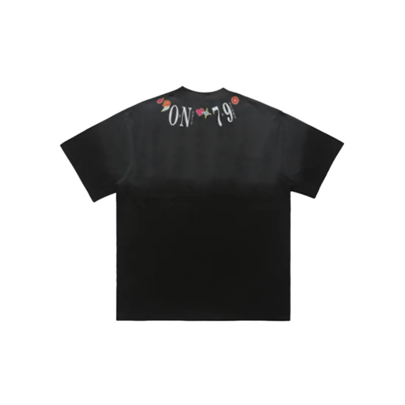 Wash Old Street Petal Print Short sleeved Loose Shoulder T shirt-1