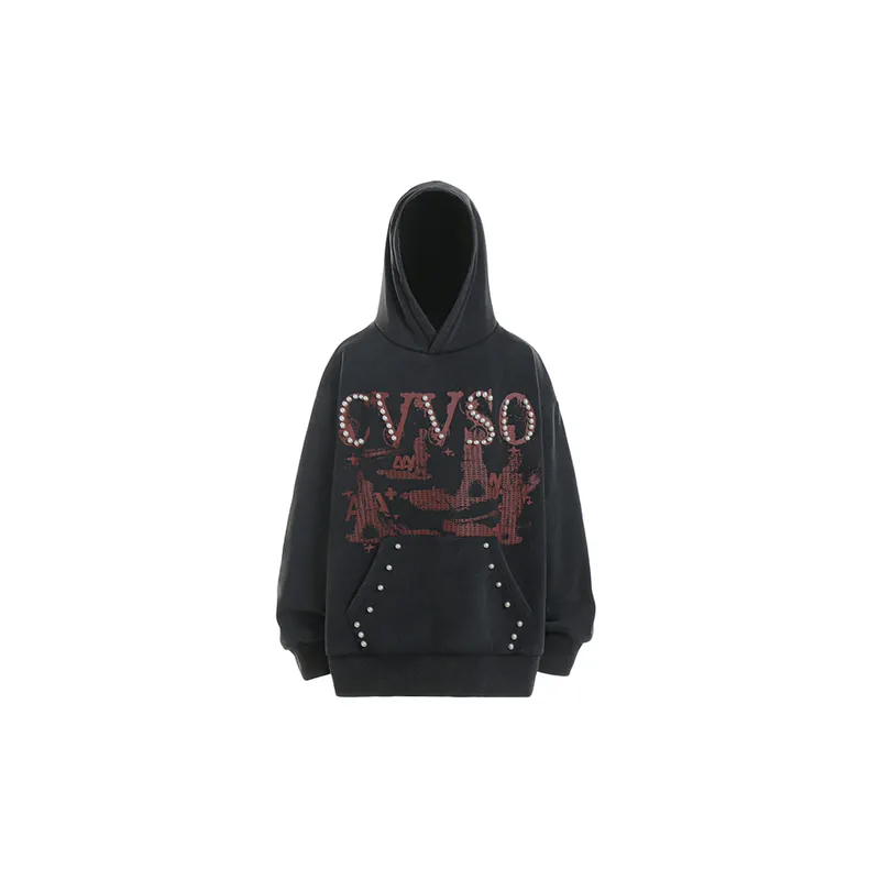 Retro Hip Hop Washed Old Fleece Pearl Decorative Loose Fashionable Sweatshirt