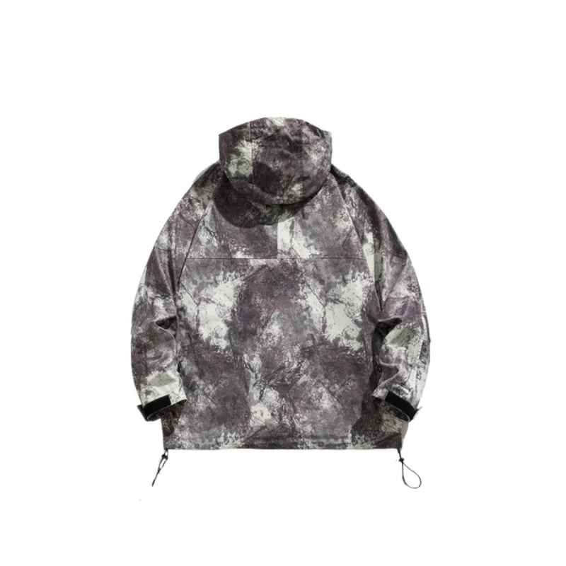 Hooded Loose Camouflage Printed Hem Drawstring Casual Jacket-5