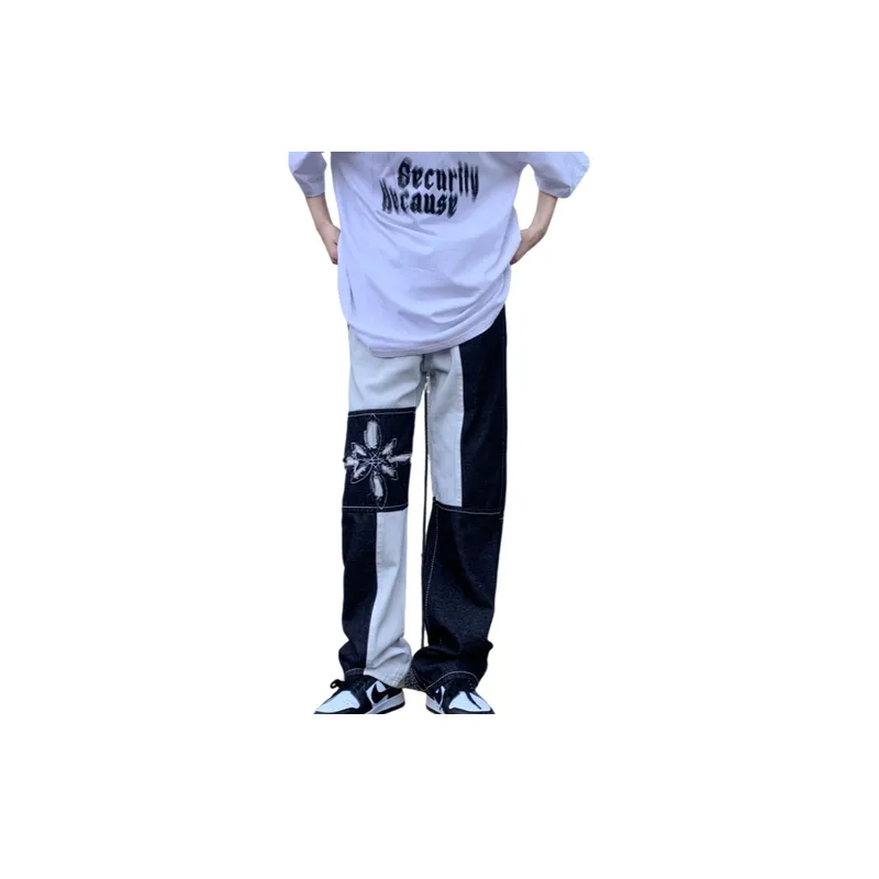 Retro Black and White Stitching Embroidery Jeans-0