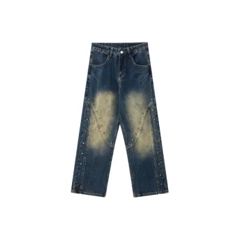 Trendy Vintage Stud Washed Contrast Straight Leg Diablo Stitching Wide Leg Pants