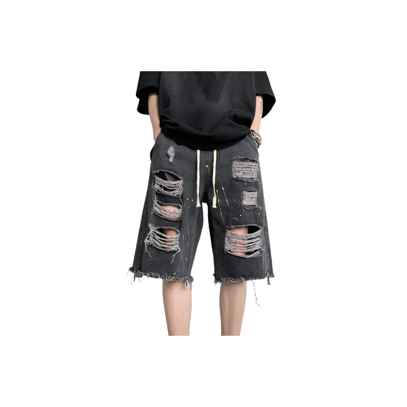 Casual Ripped Denim Shorts-0
