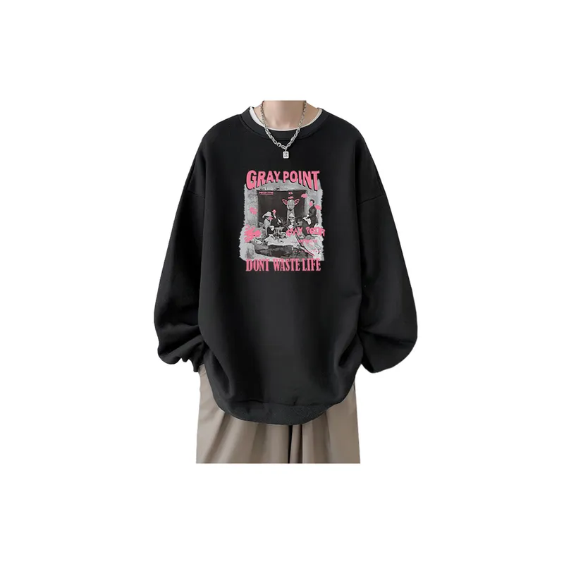 Fashion High Street Hip hop Crewneck Loose Fleece lined Thickened Sweatshirt-1