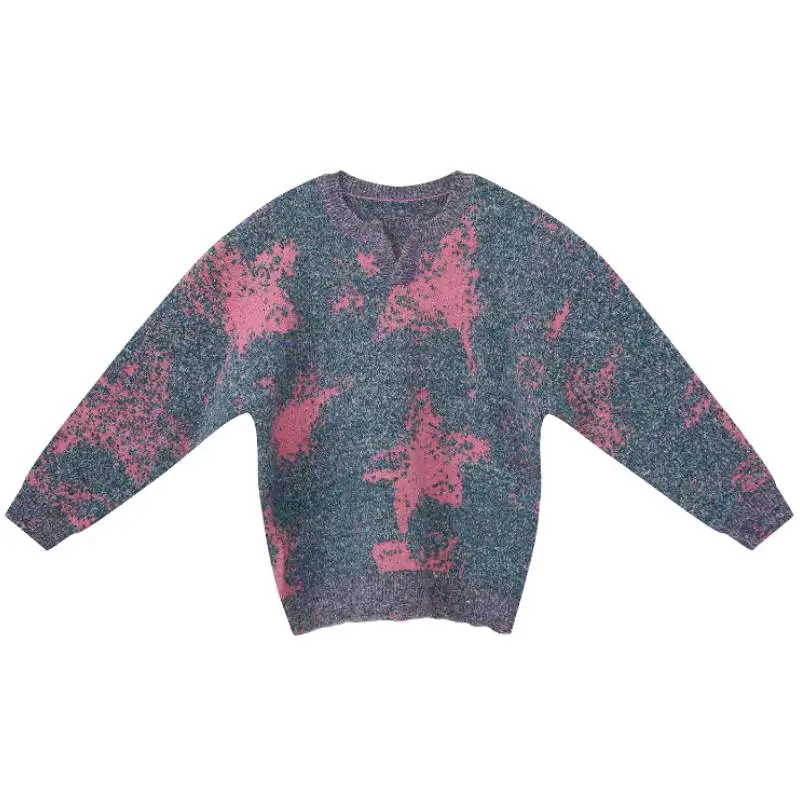 Fuzzy Color Design V Neck Loose Sweater-4