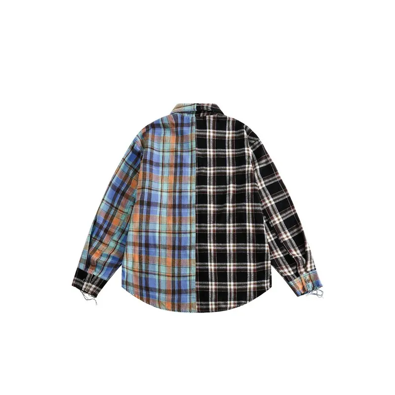 Retro Tide Double Color Plaid Stitching Long Sleeve Shirt-1