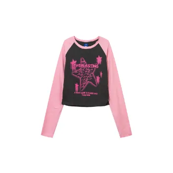 Retro Contrast Color Long Sleeve Cotton T Shirt Women