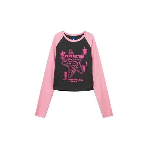 Retro Contrast Color Long Sleeve Cotton T Shirt Women