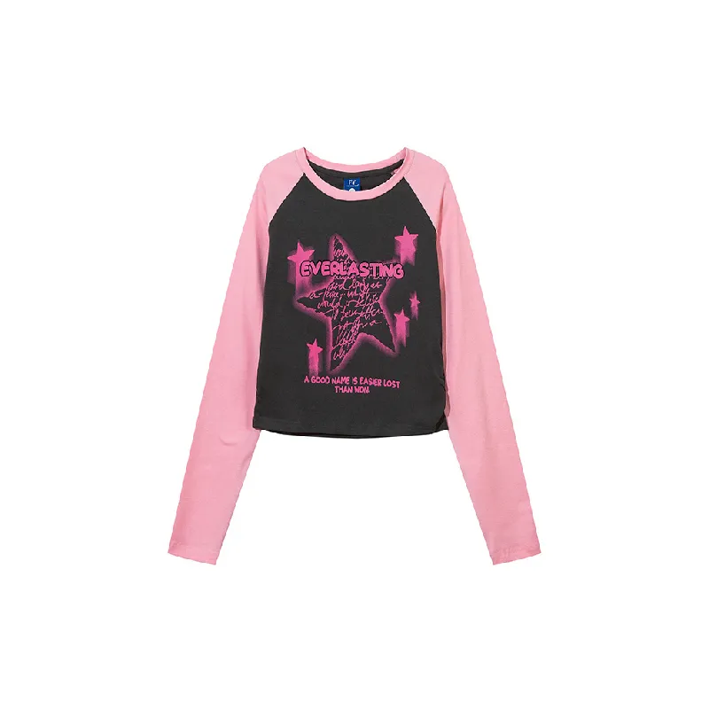 Retro Contrast Color Long Sleeve Cotton T Shirt Women-4
