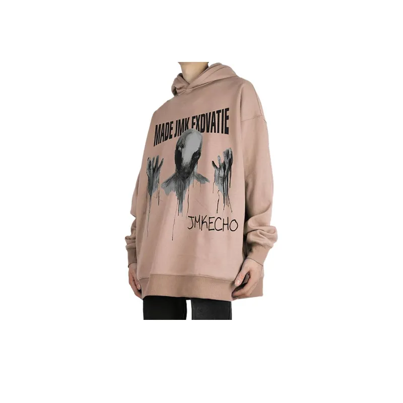 Retro Dark Ghost Print Fleece High Street Loose Hoodie-3