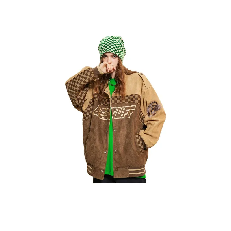 Retro Checkerboard Stitching Motorcycle Jacket-1