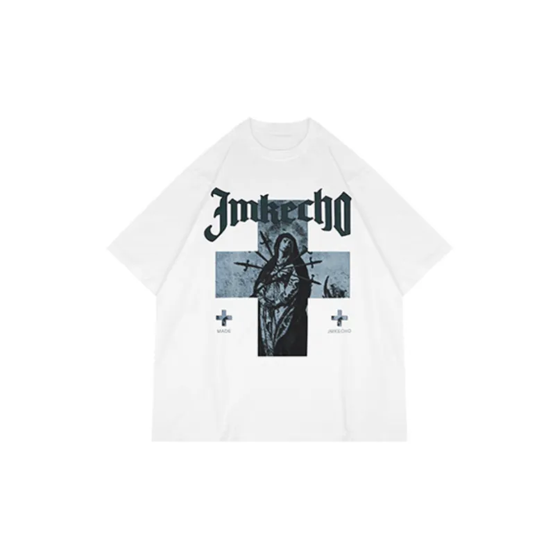 Retro Antique Washed Cross Figure Print T shirt-19