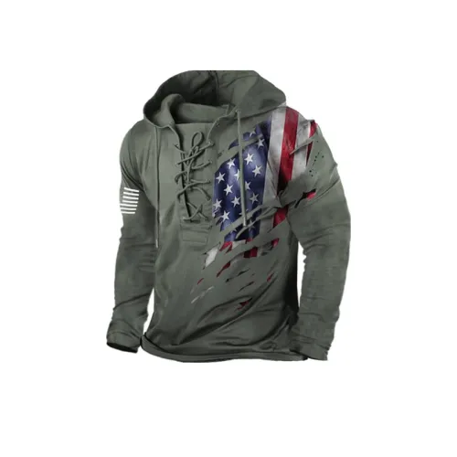 Retro Flag Printing Lace-up Hoodie