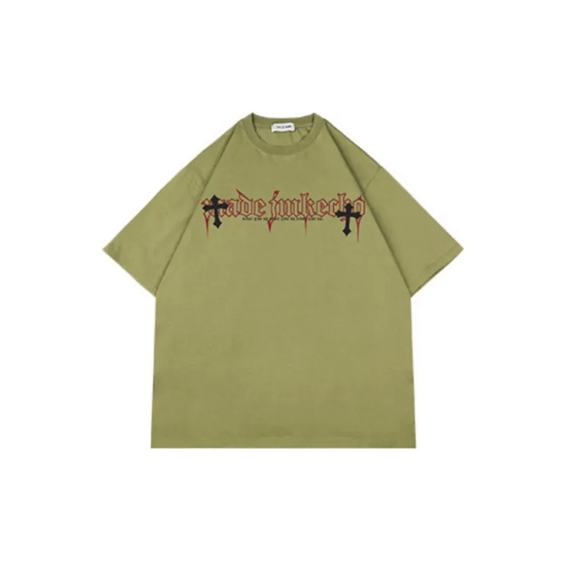 Vintage Cross Printed Washed Short sleeved T shirt-22