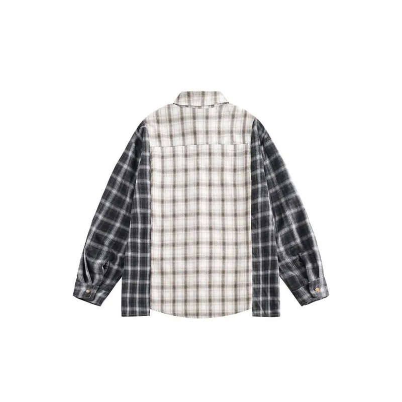 Retro Plaid Stitching Design Long Sleeve Shirt-1