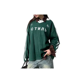 Fashionable Striped Contrast Color Loose Wool Like Fabric Sweater Women