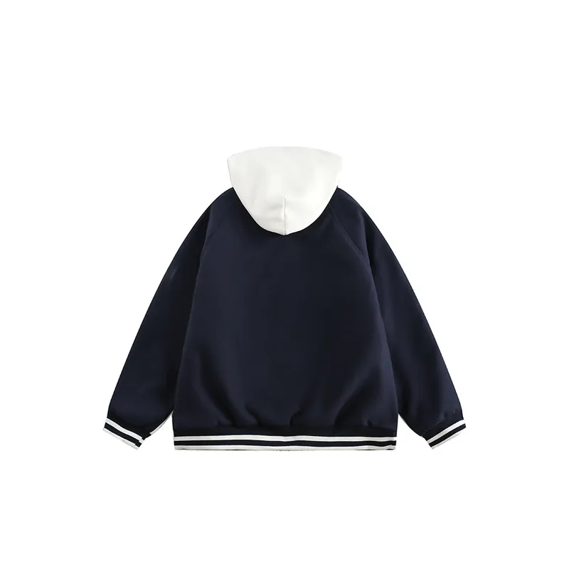 Contrast Color Stitching Raglan Sleeve Trendy Embroidered Letter Hooded Cotton Coat-5
