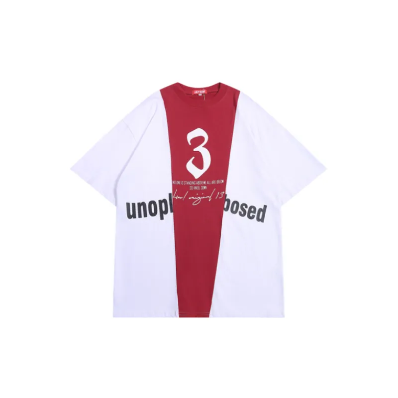 Street Trendy Design Stitching Contrast Color Short Sleeve T Shirt-0