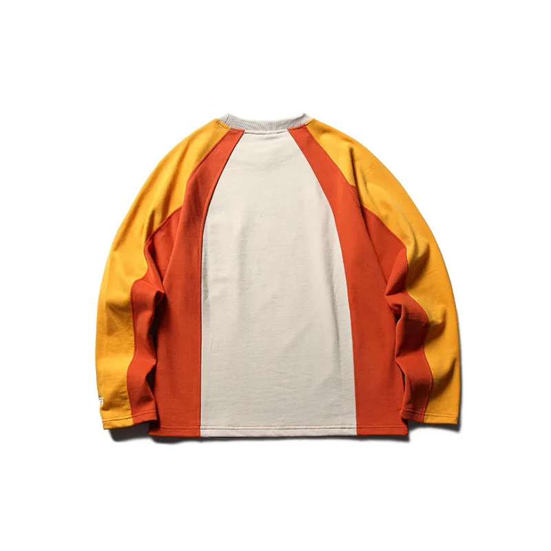 Retro Contrast Color Splicing Multi Pocket Crewneck Long Sleeve Sweatshirt-1