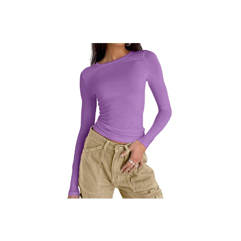 Retro Plain Polyester T Shirt Women-4