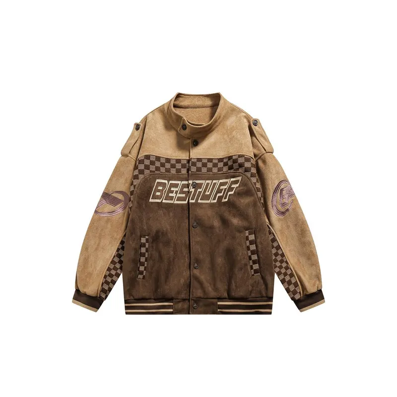 Retro Checkerboard Stitching Motorcycle Jacket-0