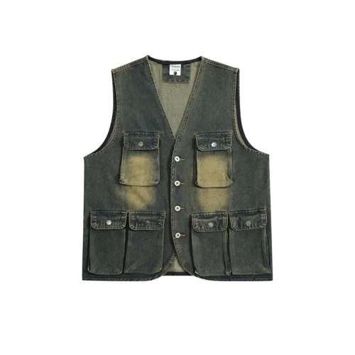 Washed Distressed Multi-Pocket Denim Vest