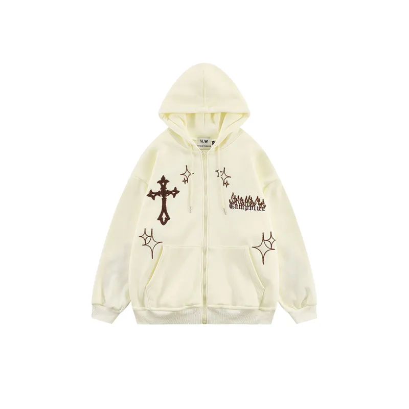 Cross Embroidered Zipper Hoodie-4