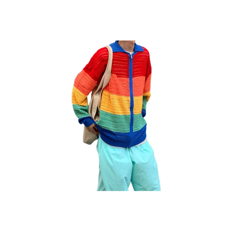 Contrast Striped Zipper Sweater-0