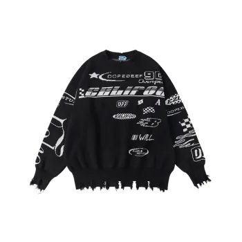 Trendy Brand Retro Fur Edge Racing Suit Alphabet Jacquard Black Sweater swag OOTD