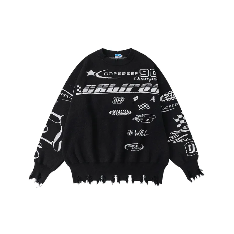 Trendy Brand Retro Fur Edge Racing Suit Alphabet Jacquard Black Sweater swag OOTD-0