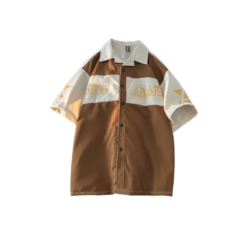 Retro Stitching Loose Cuban Collar Shirt-4