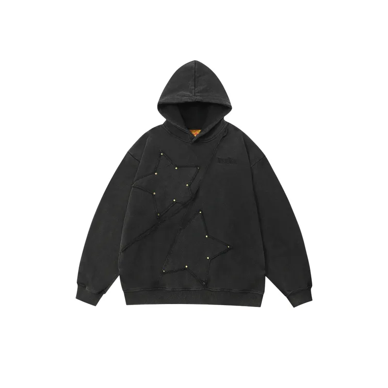 High Street Retro Pie Rivet Five pointed Star Oversize Hooded Sweatshirt-3