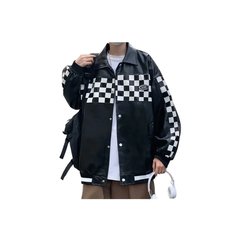 Chessboard Retro Aviator Puleather Jacket-0
